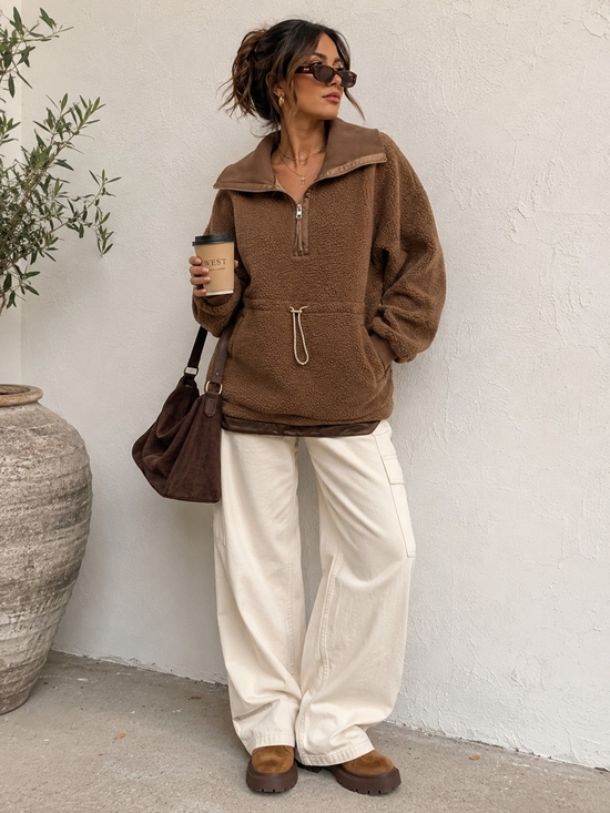 Varley Jackets & Blazers - Varley Tan Teddy Fleece Pullover Jacket